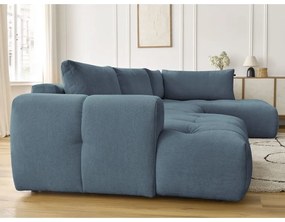 Divano angolare blu allungabile e con contenitore (penisola a destra/a U) con rivestimento in ciniglia Fuji – Bobochic Paris