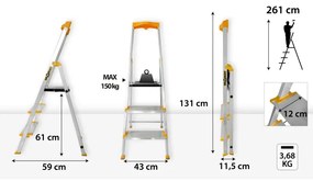 Scala in alluminio a 3 gradini da 150 kg - gradini extra larghi