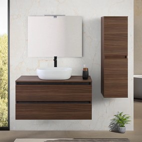 Mobile Bagno Sospeso con Lavabo e Specchio 2 Cassetti Salvaspazio in Legno cm 100 – Noce Canaletto