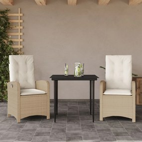 Set da pranzo da giardino 3 pz con cuscini beige in polyrattan