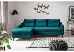 Divano letto angolare in velluto turchese, angolo sinistro Stylish Stan - Miuform