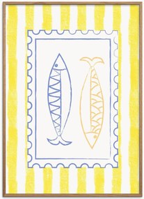 Stampa digitale incorniciata Blue and Yellow Fish Stamp on Yellow Stripes by Jolly and Dash