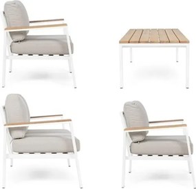 Salotto Da Esterno In Alluminio Bianco Inserti Legno Con Cuscini E Tavolino Belmar Bizzotto