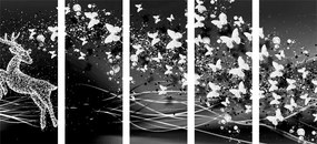 Quadri 5 pezzi – Splendido cervo con farfalle in bianco e nero