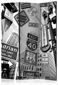 Paravento design Strade di Manhattan (3 parti) - segnaletica stradale in bianco e nero