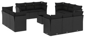 Set Divani da Giardino 13pz con Cuscini Nero in Polyrattan