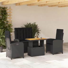 Set da Pranzo da Giardino 4 pz con Cuscini Nero in Polyrattan