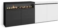 Credenza Mobile Cucina 200x75x35cmcon 4 Porte Camino elettrico, Stile moderno colore Bianco e nero