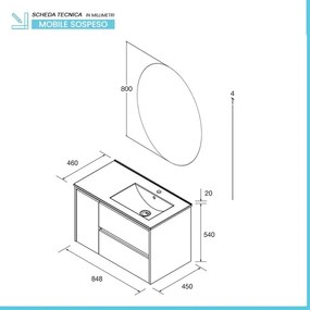 Mobile bagno sospeso 85 cm nero con lavabo un anta e specchio inclusi linea Gaya