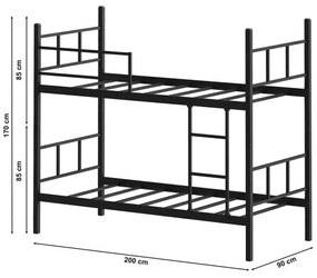 Letto a castello in metallo MAVEN 90x200 cm, nero, portata 2x100 kg