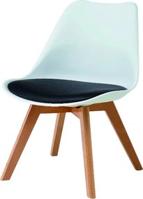 Sedia in polipropilene bianca con cuscino nero in ecopelle,struttura base legno