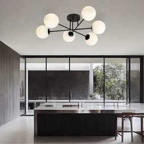 Plafoniera Moderna Morrigan 6 Luci In Acciao Nero E Sfere In Vetro Bianco