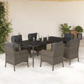 Set da pranzo da giardino 7 pz con cuscini in polyrattan grigio