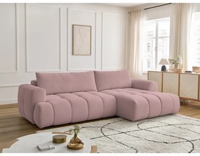 Divano angolare rosa allungabile e con contenitore (penisola a destra/chaise lounge) con rivestimento in ciniglia Fuji – Bobochic Paris