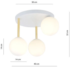 Plafoniera Contemporanea 3 Luci Teseo In Acciaio Bianco Oro E Sfere Vetro Bianco