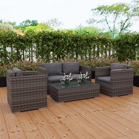 Salotto Da Giardino Salottino in Rattan Set Di Mobili 4 Posti con Tavolino E Ripiano In Vetro Divano 2 Posti E 2 Poltrone Per Terrazzo Esterno Piscina Balcone Cuscini Sfoderabili Colore Grigio