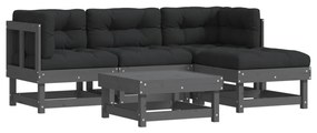 Set divani da giardino 5pz con cuscini in legno massello grigio