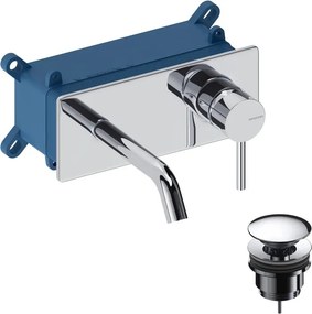 Rubinetto per lavabo Loop monocomando a parete per lavabo bocca 14cm + corpo incasso + piletta di scarico + placa rettangolare cromato