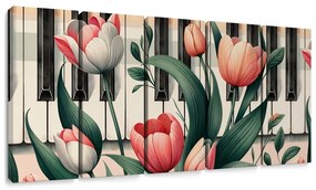 Quadri 5 pezzi – Pianoforte e tulipani in sinfonia floreale