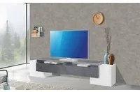 Mobile da soggiorno Porta TV, Made in Italy, Credenza per TV da salotto a 3 ante e ripiani, cm 210x45h45, colore Bianco lucido e Grigio Cenere