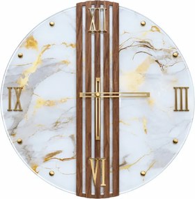 Orologio tondo Parete 65 cm Vetro Effetto Marmo e Doghe Noce