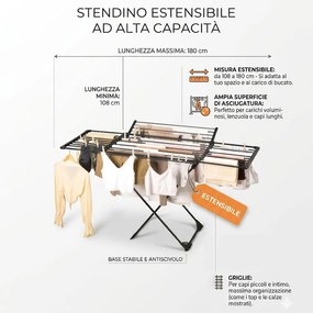 Stendibiancheria Allungabile 108-182 cm Stendino Salvaspazio Capacità 20 kg Estensibile in Ferro e PP Nero...