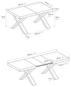 Tavolo allungabile AMALFI in legno effetto olmo perla e gambe a X antracite, allungabile 160&#215;90 cm &#8211; 240&#215;90 cm