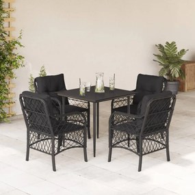 Set da pranzo da giardino 5 pz nero con cuscini in polyrattan