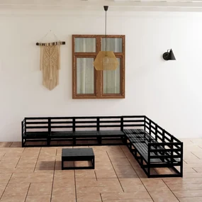 Set divani da giardino 10 pz nero in legno massello di pino