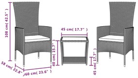 Set da pranzo da giardino 3 pz con cuscini beige in polyrattan