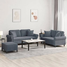 Set Di Divani 3 Pz Con Cuscini Grigio Scuro İn Velluto /