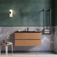 Mobile bagno sospeso 80cm rovere cartagena lavabo nero opaco specchio armony, selezione accessori senza specchio