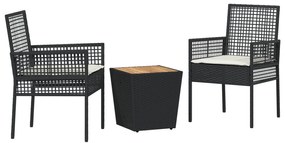 Set da giardino bistro 3 pezzi con cuscini nero rattan sintetico