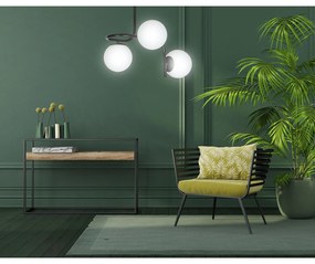 Lampadario 3 Luci Rama In Acciaio Nero A Bracci E Sfere In Vetro Opalino