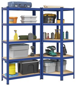Set Di Scaffali 2pz A 5 Ripiani Blu Acciaio E Legno Multistrato /