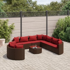 Set divani da giardino 10pz con cuscini in polyrattan marrone