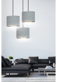 Lampadario Tondo 3 Luci Ganesha In Acciaio Nero E Paralumi In Tessuto Grigio