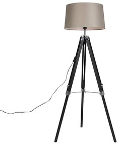 Lampada da terra a treppiede nera con paralume in lino color tortora 45 cm