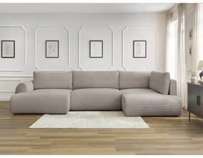 Divano angolare in grigio chiaro/beige allungabile (con penisola a sinistra/a forma di "U") con rivestimento in velluto a coste Lucien – Bobochic Paris