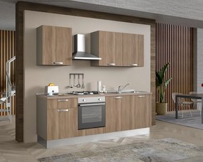 Cucina montata Dora rovere chiaro, lavello a destra, L 240 cm, completa di: cappa a camino, piano cottura a gas, forno,