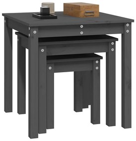 Tavolini a incastro 3 pz grigio in legno massello di pino