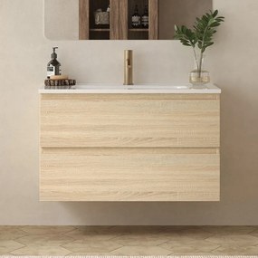 Mobile bagno 100 cm lavabo integrato legno chiaro | KAM-HR100 - KAMALU
