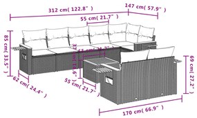 Set divano da giardino 9 pz con cuscini grigio in polyrattan