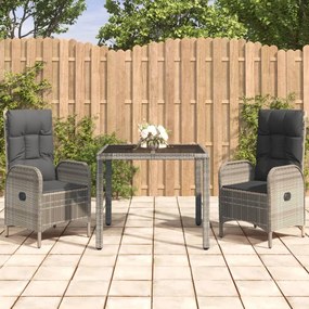 Set Da Pranzo Da Giardino 3 Pz Con Cuscini İn Polyrattan Grigio /