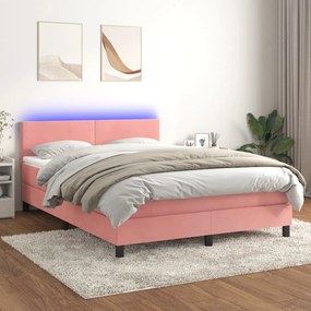 Letto A Molle Con Materasso E Led Rosa 140x190 Cm İn Velluto /