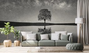 Fotomurale – Cielo stellato in bianco e nero sopra l'albero solitario