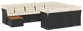 Set divani da giardino 11 pz con cuscini in polyrattan nero