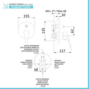 Miscelatore doccia ad incasso in ottone cromo con deviatore a due vie di Rubinetterie Mariani Linea Astro