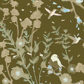 Carta da parati – Foresta fiorita piena di uccellini
