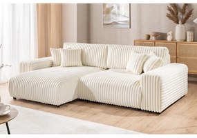 Divano angolare con penisola a sinistra color crema e rivestimento in velluto a coste allungabile e con contenitore Sarina – Ropez